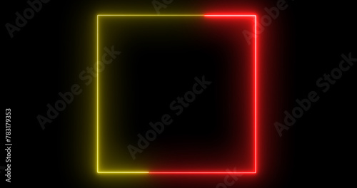 Colorful neon glowing stripes square line frame animation. Square screen box neon frame modern screen show presentation projection 3d rendering element in black. Minimal design border asset clip.