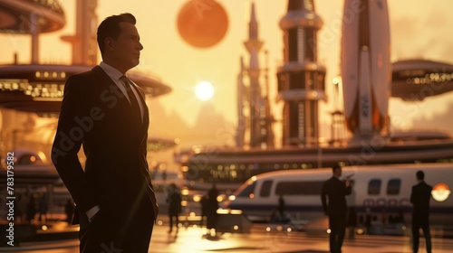 Intergalactic Diplomat, Formal Attire, Negotiating peace treaties between warring factions, A bustling spaceport as backdrop, Realistic image, Golden hour lighting