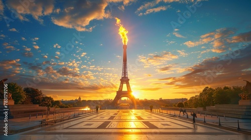 Eiffel Tower with the tip lit, reference to the Olympic torch photo