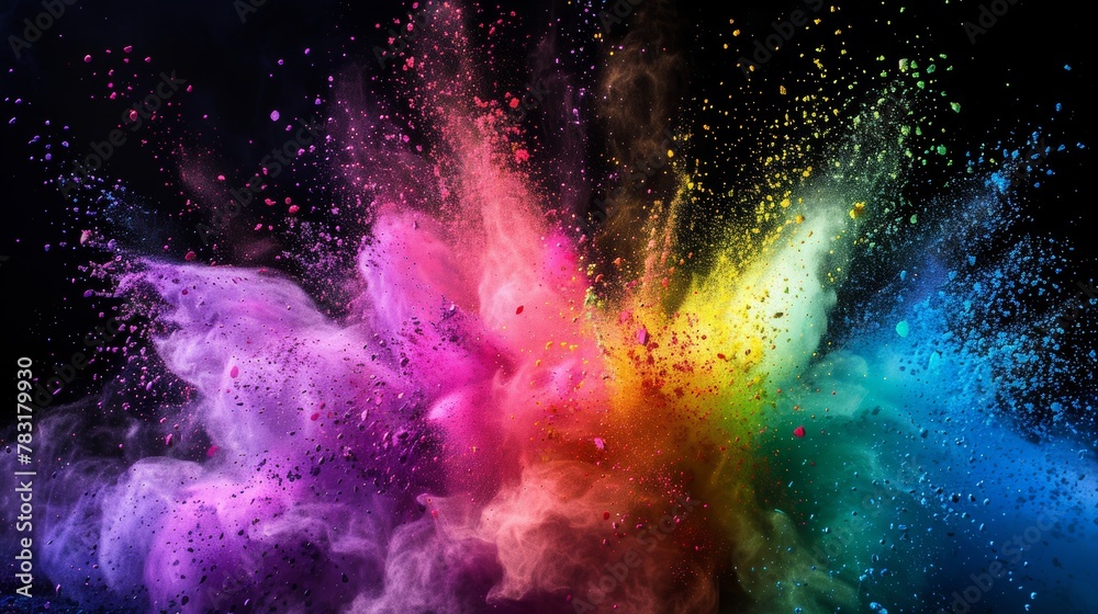 Colored powder explosion, A colorful, multi-colored background with a lot of small dots. The background is a mix of blue, red, and yellow - obrazy, fototapety, plakaty 