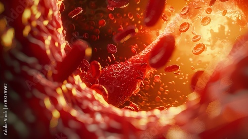 microbiology, Fat hyperlipidemia or arteriosclerosis hemoglobin red blood vessel cell micro microscope inside interior human body. Embolism and cholesterol and intestinal tumors photo