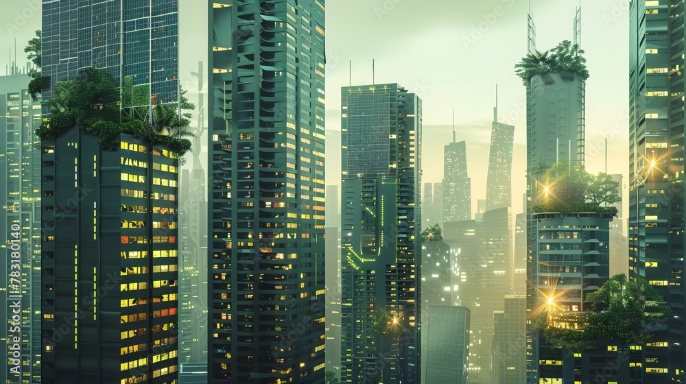 Conceptual illustration of a city skyline with skyscrapers adorned with solar panels, illustrating urban sustainability