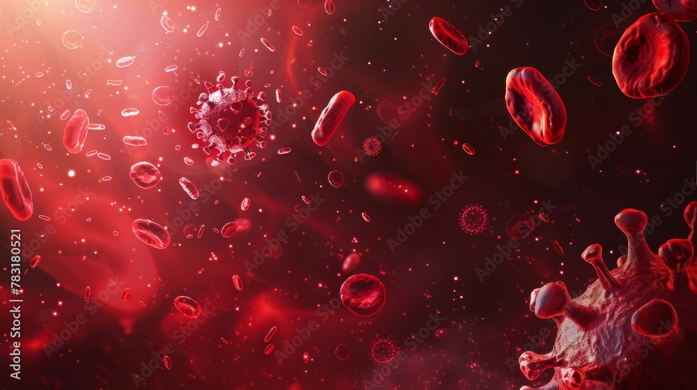 close up of a red and blue virus with red blood cells surrounding it. The red blood cells are scattered throughout the image, with some closer to the virus and others further away. close up of a red and blue virus with red blood cells surrounding it. The red blood cells are scattered throughout the image, with some closer to the virus and others further away.