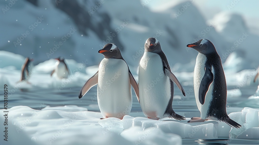 Fototapeta premium Chilly Penguins on a Sunny Ice Floe, generative ai