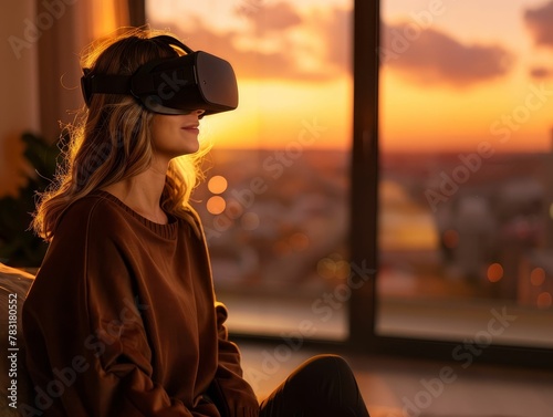 MoodEnhancing VR, sleek design, immerse in others feelings, resolve arguments through shared experiences, empathydriven future Photography, Golden Hour, Vignette, Rack focus view photo