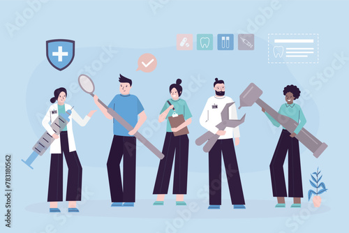 Dentistry medicine. Team of dentists in dental office. Group of doctors, surgeons and nurses standing together. Examination and medical exam of teeth. medical staff in clinic.