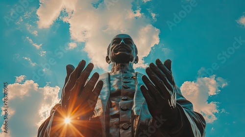 banner background National Ambedkar Jayanti Day theme, and wide copy space, Hands holding a statue of Dr. Ambedkar against a blue sky, for banner photo