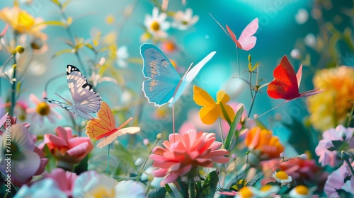 Delicate paper butterflies fluttering among flowers in a colorful garden © KerXing