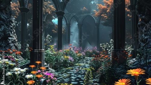 Digital artwork of a fantasy garden with mythical flowers