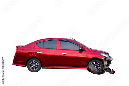 Car crash, Full body side view of red car get damaged by accident on the road. damaged cars after collision. Isolated on transparent background,car crash broken, PNG File