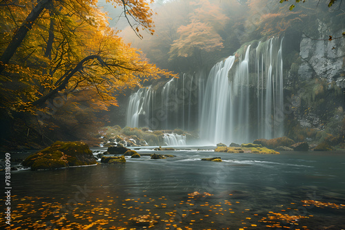 A waterfall is flowing into a river with leaves on the ground. The water is clear and the leaves are orange. Generative AI