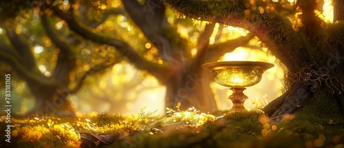 Mythical chalice, shimmering, always full, beckons with golden fluid Situated in a lush, enchanted forest, under a canopy of ancient trees Realistic, golden hour lighting photo