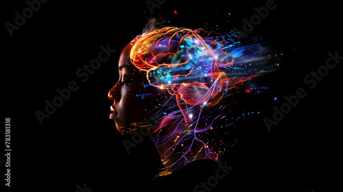 A woman's face is shown with a brain in the center. The brain is surrounded by a lot of stars, giving the impression of a glowing brain. ai
