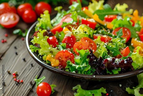 Colorful salad with cherry tomatoes, lettuce and cheese on a wooden table close up. Ai generated