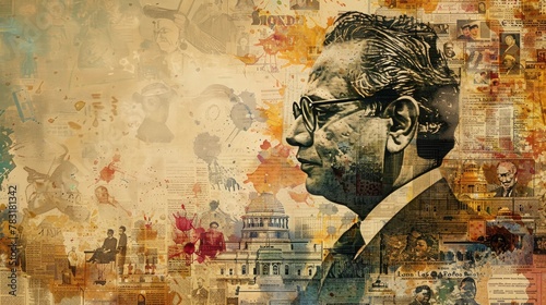 banner background National Ambedkar Jayanti Day theme, and wide copy space, A collage of images depicting key moments from Dr. Ambedkar's life, like the drafting of the Constitution photo