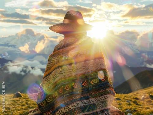 Peruvian Andean Poncho, Earthy Alpaca Wool, Symbolizes Connection to Pachamama, Envelops Shaman in Sacred Mountain Ritual, 3D Render, Backlights, Double Exposure Effect, Overtheshoulder shot photo