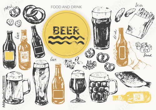 Vector beer illustration set. Beer bottles, glass, mug, snacks, hand holding beer bottle.