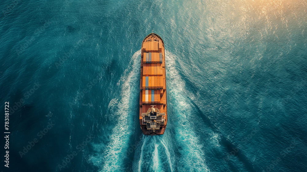 A large ship is sailing through the ocean with a blue sky in the background A large ship is sailing through the ocean with a blue sky in the background
