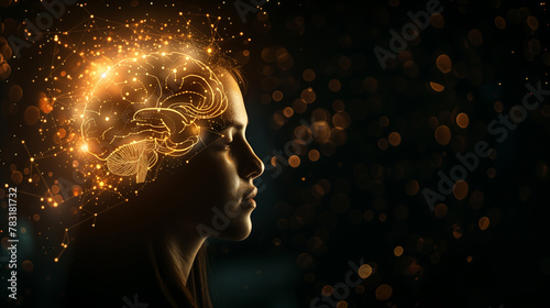 A woman's face is shown with a brain in the center. The brain is surrounded by a lot of stars, giving the impression of a glowing brain. ai