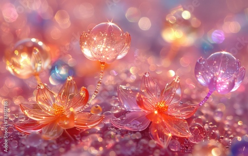 Glowing flowers with dew on a shimmering background © Ihor