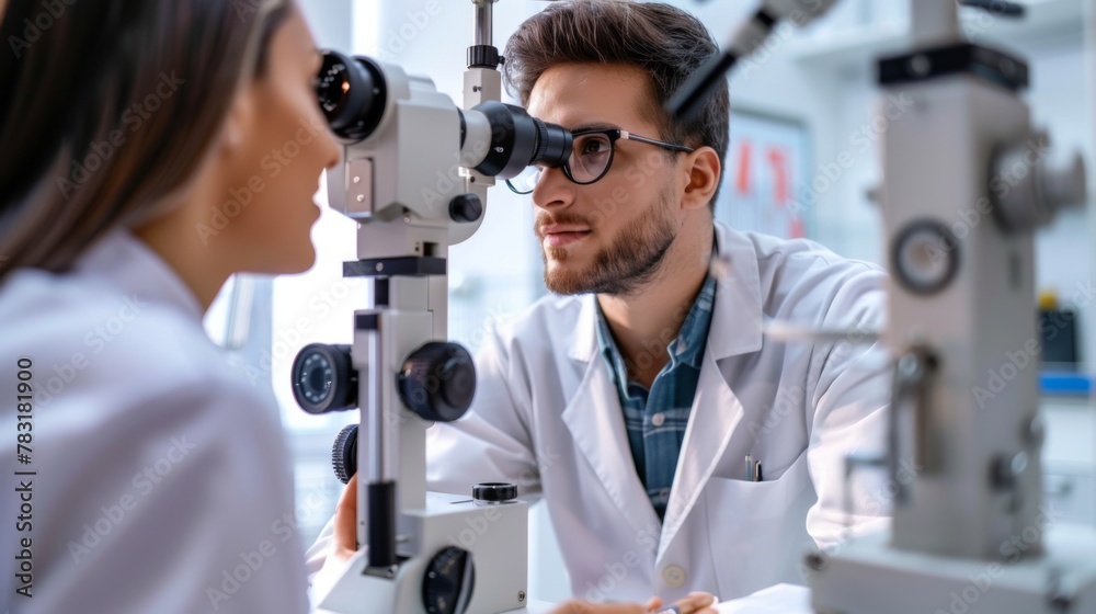 Man and Woman Looking Into Microscope Man and Woman Looking Into Microscope