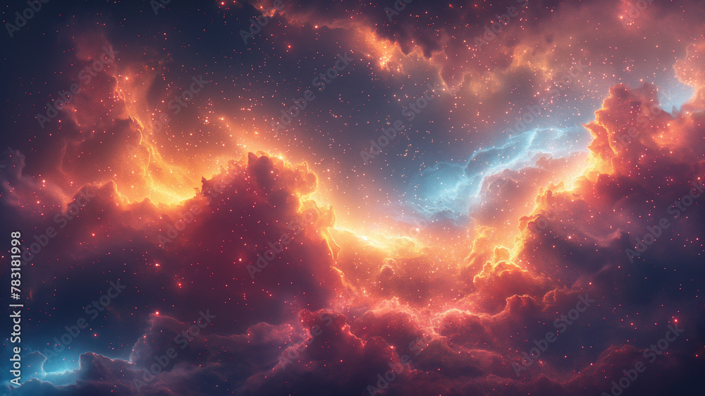 A colorful space scene with orange and blue clouds and stars