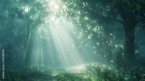 Ethereal 3D glow casting soft, diffused light in a misty forest © KerXing