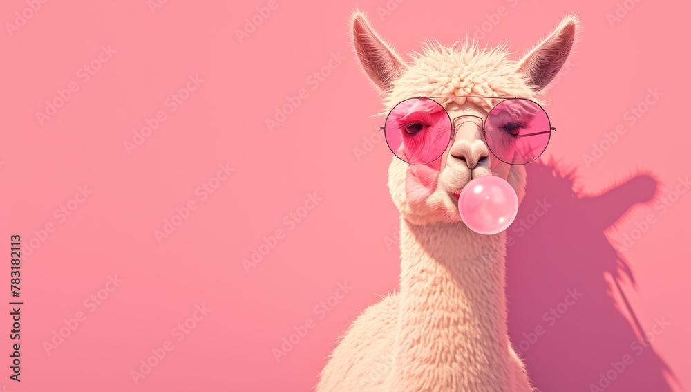 Fototapeta premium Cute llama in sunglasses blowing bubble gum on a pink background with copy space, a funny animal character portrait banner design