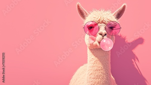 Cute llama in sunglasses blowing bubble gum on a pink background with copy space, a funny animal character portrait banner design photo