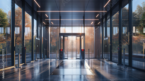 Step into the entrance hall of a contemporary corporate edifice, where sleek security gates greet visitors, offering views through floor-to-ceiling windows of autumn trees.