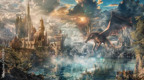 Fantasy collage with dragons, castles, and mythical landscapes