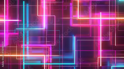 Futuristic geometric grid pattern with neon lights and glowing effects