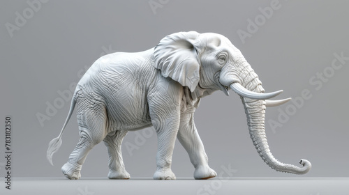 A meticulously carved elephant sculpture adorned with detailed patterns stands against a neutral backdrop.