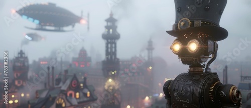 Steampunk Robot, Top Hat, Victorianstyle, Exploring a Hovering Cityscape with mechanical towers and airships, foggy weather, 3D render, Backlights, Lens Flare, Macro shot photo