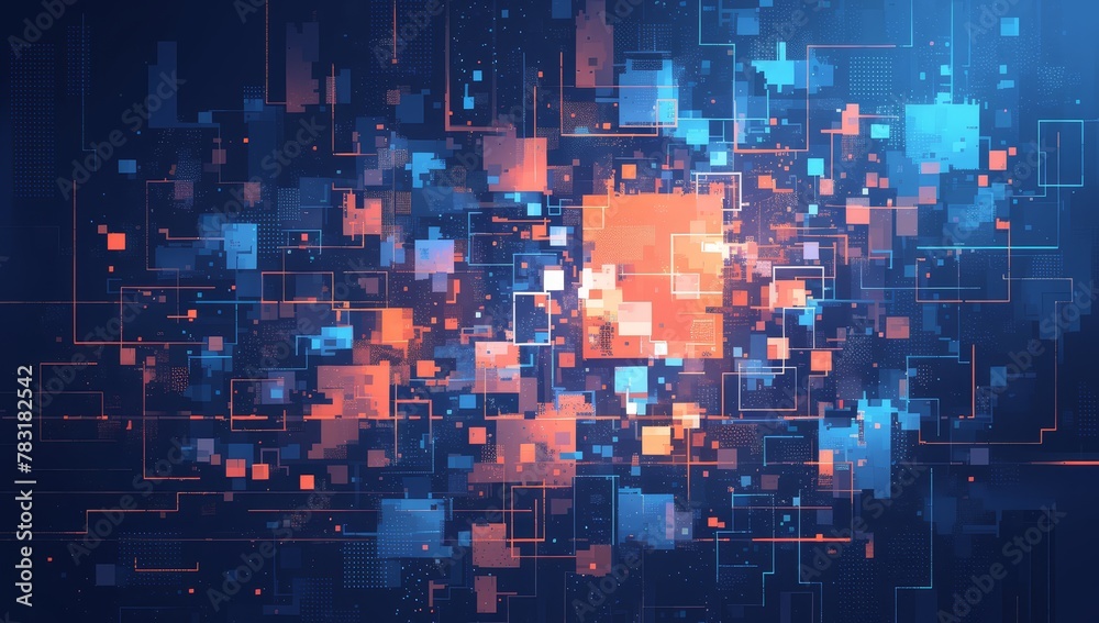 Digital background featuring pixelated data blocks, creating an abstract representation of the vast and complex digital landscape with dark blue and red tones. 