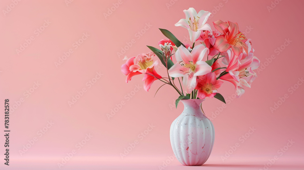 A sophisticated bouquet of white and pink flowers stands in a speckled vase, creating a striking contrast against the soft pink background.