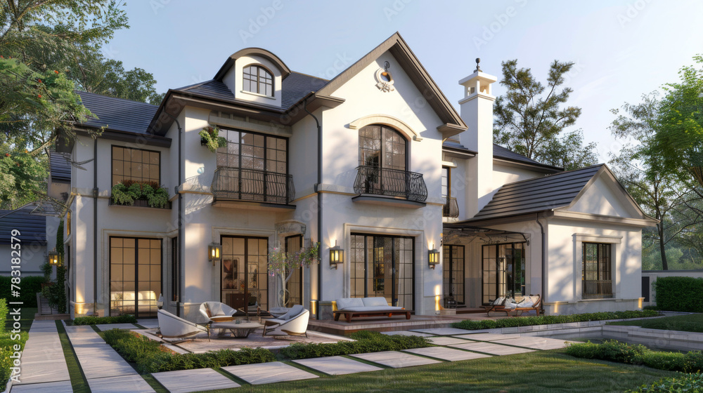 The twilight casts a warm glow on a contemporary home exterior featuring elegant architecture and peaceful landscaping. The twilight casts a warm glow on a contemporary home exterior featuring elegant architecture and peaceful landscaping.