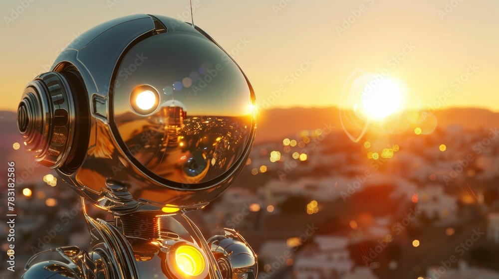 SunBot, Shiny metal, Helper robot, Illuminating a futuristic solarpowered cityscape, Clear skies, 3D render, Golden hour, Lens flare, Tracking shot view