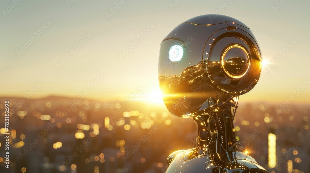 SunBot, Shiny metal, Helper robot, Illuminating a futuristic solarpowered cityscape, Clear skies, 3D render, Golden hour, Lens flare, Tracking shot view