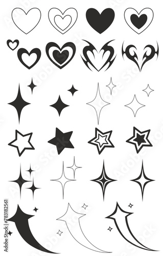 Black and white vector illustration with various icons in gothic and alt styles. Hearts, stars, sparkles