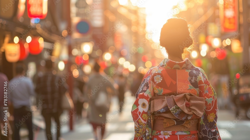 Traditional Kimono, Globalization Effects, Busy city street with a mix of modern and traditional Asian elements, Sunny day, Photography, Golden hour, Depth of field bokeh effect, Highangle view