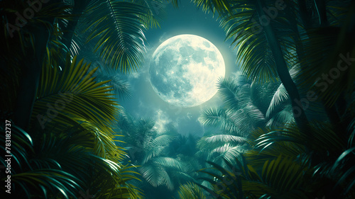 A large moon is shining through the trees in a jungle