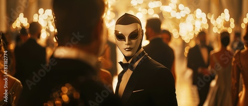 Undercover operative, in disguise at a lavish masquerade ball, surrounded by wealthy elite, realistic, golden hour lighting, depth of field bokeh effect, Handheld shot view photo