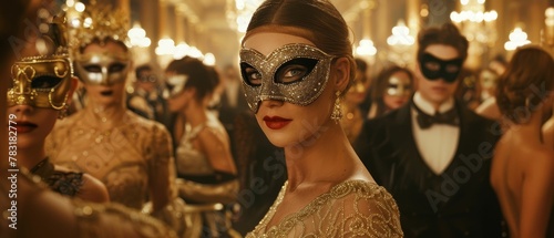 Undercover operative, in disguise at a lavish masquerade ball, surrounded by wealthy elite, realistic, golden hour lighting, depth of field bokeh effect, Handheld shot view