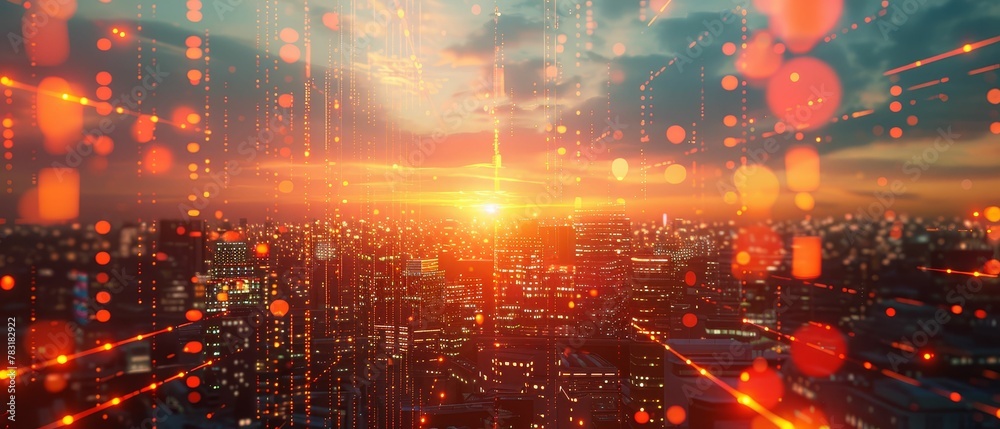 Fototapeta premium Virtual Reality Oasis, Digital Social Hierarchies, Nanotech Enhancements, Within the Virtual Reality Oasis, individuals with Nanotech Enhancements navigate digital social hierarchies Skyscrapers