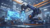 Digital twin technology in a modern factory with robotic arms and mechanical parts, surrounded by holographic blue lines of data flowing through the air. 
