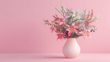A vibrant arrangement of pink and white flowers fills a modern white vase on a soothing pink background.