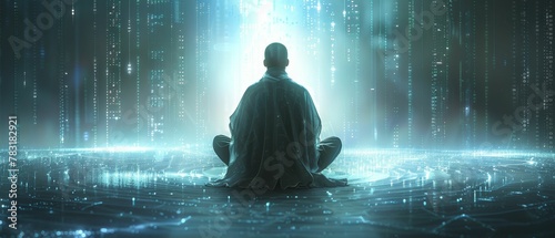 Virtual Monk, Binary Cloak, Contemplating infinity, Surrounded by glowing code, Realistic image, Spotlight, Double Exposure Effect, Split screen view