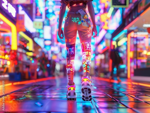 Young adult with holographic tattoos, neural implants, and hover shoes, navigating a bustling marketplace in a world of agelessness A vibrant scene with neon lights 3D render photo