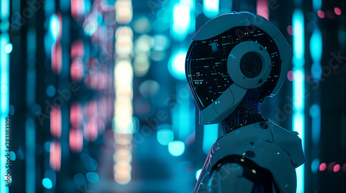 A robot stands in a dark room with a blue background. The robot is wearing a white helmet and has a robotic appearance. The room is dimly lit, giving it a mysterious and futuristic feel